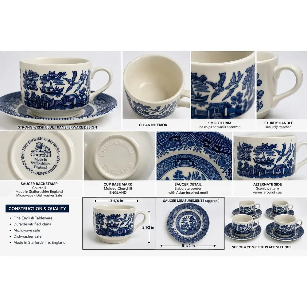 Churchill England Blue Willow Cup & Saucer Set of 4